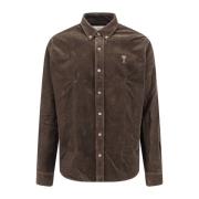 Ami Paris Broderad Corduroy Skjorta med Knappad Krage Brown, Herr