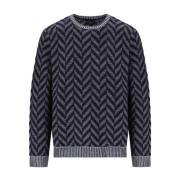 Emporio Armani Chevron Blå Ull Crewneck Jumper Blue, Herr