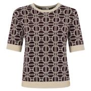 Elisabetta Franchi Kortärmad Jacquard Topp med Logotyptryck Brown, Dam