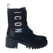 Icon Denim Läder- och tygstövel med logopatch Black, Dam