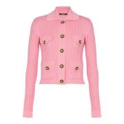 Balmain Beskuren ribbstickad kofta med öppna detaljer Pink, Dam