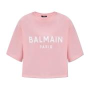 Balmain Kort T-shirt med tryckt logga Pink, Dam