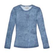 Ganni Sliten Denim Effekt Långärmad Topp Blue, Dam