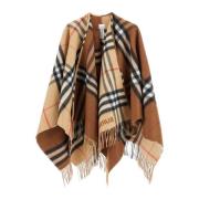 Burberry Ull Kashmir Rutigt Mönster Fransig Cape Beige, Unisex