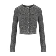 Elisabetta Franchi Grå Bouclé Ull Cardigan med Strassdetaljer Gray, Da...