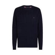 Tommy Hilfiger Blå Tröja Flätad Stickad Rund Hals Blue, Herr