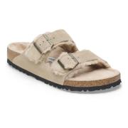 Birkenstock Shearling Taupe Läder Arizona Sliders Beige, Herr