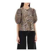 Ganni Leopard Print Peplum Blouse Beige, Dam