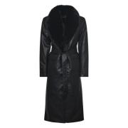 Michael Kors Faux Leather Robe Coat med konstpälskrage Black, Dam