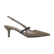 Brunello Cucinelli Taupe Läder Slingback Pumps med Monili Dekoration G...