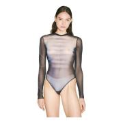 Jean Paul Gaultier Tryckt Mesh Långärmad Bodysuit Blue, Dam