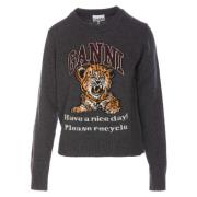 Ganni Tiger Grafisk Crewneck Tröja Gray, Dam