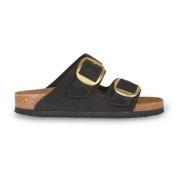 Birkenstock Guldspänne Lädersandaler i Svart Black, Dam