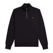 Fred Perry Halv Zip Bomull Jersey Tröja Black, Herr