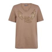 MOS MOSH Broderad T-shirt med V-ringning Beige, Dam