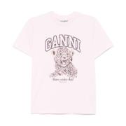 Ganni Leopard Logo Pink T-shirt Pink, Dam