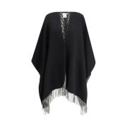 Valentino Garavani Monokrom Ull Poncho med VLogo Design Black, Dam