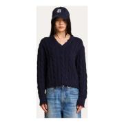 Denimist Navy Cable V-Neck Sweater Blue, Dam