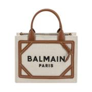 Balmain Monogram Bomull Toteväska med Läderhandtag Brown, Dam