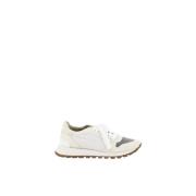 Brunello Cucinelli Glitter Tå Lace-Up Sneakers med Mocka Detalj White,...