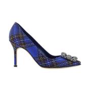 Manolo Blahnik Tartan Wool Pumps med Kristallspänne Blue, Dam