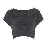 Balmain Cropped Couture Broderad T-shirt Gray, Dam