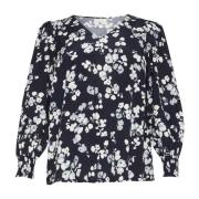 Kaffe Curve Marine Flower Blus med Puffärmar Blue, Dam