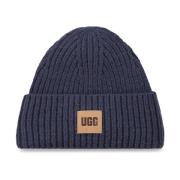 UGG Räfflad Beanie Vinter Mössa Stiligt Logotyp Blue, Dam