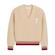 Ami Paris Kräm Vit V-ringad Stickad Tröja Sweater Beige, Herr