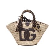 Dolce & Gabbana Straw Shopping Bag med Leo Print Beige, Dam