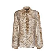 Roberto Cavalli Leopardmönstrad Sidenskjorta med Halsduk Brown, Dam