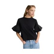 Liu Jo Svart bomullst-shirt med taffeta volanger Black, Dam