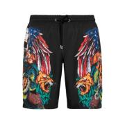 Philipp Plein Svarta Herrstrand Shorts med Tryck Multicolor, Herr