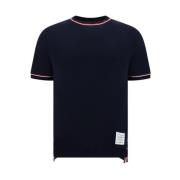 Thom Browne Räfflad Crew Neck Bomull T-shirt med Sidoslitsar Blue, Her...