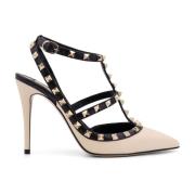 Valentino Garavani Studded Läder Slingback Klackar Beige, Dam