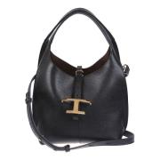 Tod's Svart hammrad läderväska med T Timeless-pendant Black, Dam