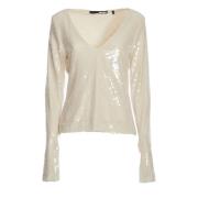 Rotate Birger Christensen Paljett V-Neck Top Bianco Aw24 Beige, Dam