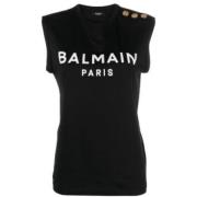 Balmain Grundläggande Ärmlös Knapp T-shirt Svart Black, Dam