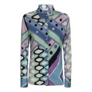 Emilio Pucci Celeste/bianco Satin Skjorta Vivara Print Multicolor, Dam