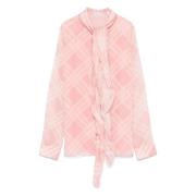 Burberry Rosa Silke Check Neck Blus Pink, Dam