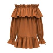 Saint Laurent Brun Off-Shoulder Bomullsklänning med Fickor Brown, Dam