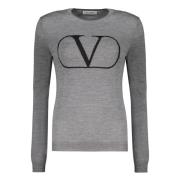 Valentino Garavani Räfflad crew-neck tröja med logodetalj Gray, Dam