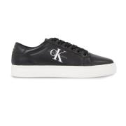 Calvin Klein Svarta Lädersneakers med Tryckt Logotyp Black, Dam