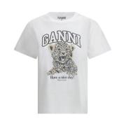 Ganni Leopardmönstrad Crew Neck T-shirt White, Dam