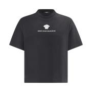 Versace Monokrom Bomull T-shirt med Ribbad Crew Neck Black, Herr