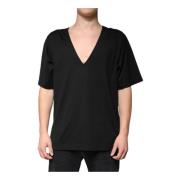 Dolce & Gabbana Svart Bomull V-ringad T-shirt Black, Herr