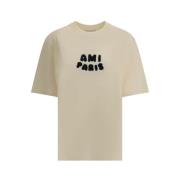 Ami Paris Broderad Monogram Bomull T-shirt Beige, Dam