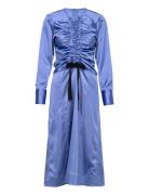 Solid Satin Midi Dress Knälång Klänning Blue Ganni