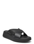 FitFlop F-Mode Leather Flatform Cross Slides Svart