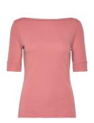 Stretch Cotton Boatneck Tee Tops T-shirts & Tops Short-sleeved Pink La...